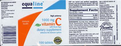 Photo of the Equaline High Potency 1000 mg Vitamin C with Rose Hips label