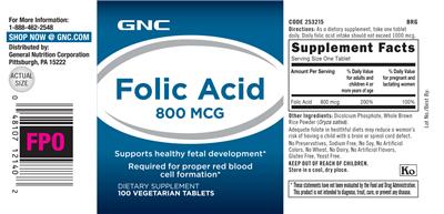 Photo of the GNC Folic Acid 800 mcg label