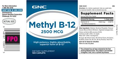 Photo of the GNC Methyl B-12 2500 label