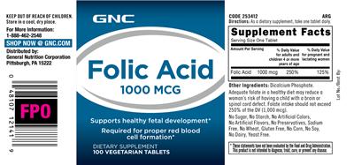 Photo of the GNC Folic Acid 1000 mcg label