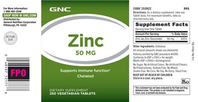 Photo of the GNC Zinc 50 mg label