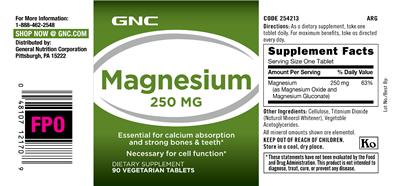 Photo of the GNC Magnesium 250 mg label