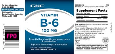 Photo of the GNC Vitamin B-6 100 mg label