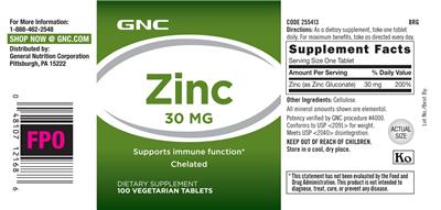 Photo of the GNC Zinc 30 mg label