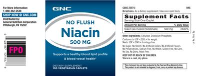 Photo of the GNC No Flush Niacin 500 mg label