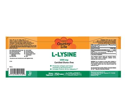 Photo of the Country Life L-Lysine 1000 mg label