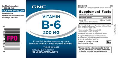Photo of the GNC Vitamin B-6 200 mg label