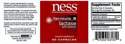 Photo of the NESS Nutritional Enzyme Support System Formula 8 Lactase W/Probiotic label