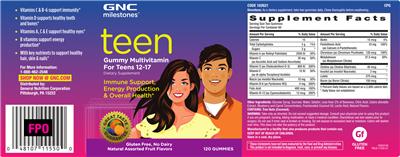 Photo of the GNC Milestones Teen Gummy Multivitamin For Teens 12-17 label