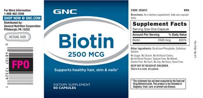 Photo of the GNC Biotin 2500 mcg label