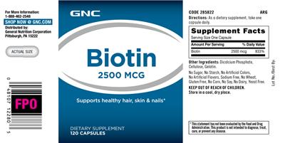 Photo of the GNC Biotin 2500 mcg label