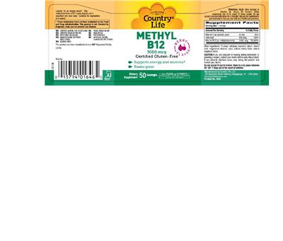Photo of the Country Life Methyl B12 3000 mcg Berry Flavor label