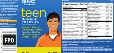 Photo of the GNC Milestones Teen Multivitamin for Boys 12-17 label