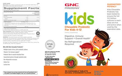Label of Kids Chewable Probiotic For Kids 4-12 Natural Strawberry Flavor
