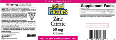Photo of the Natural Factors Zinc Citrate 50 mg label