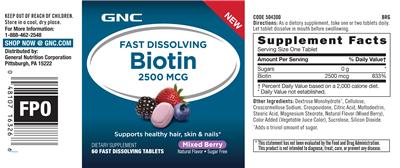 Photo of the GNC Fast Dissolving Biotin 2500 mcg Mixed Berry label