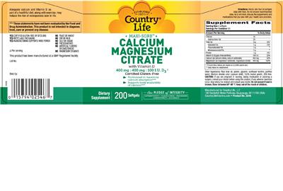 Photo of the Country Life Maxi-Sorb Calcium Magnesium Citrate With Vitamin D label