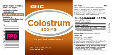 Photo of the GNC Colostrum 500 mg label