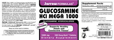 Photo of the Jarrow Formulas Glucosamine HCl Mega 1000 label