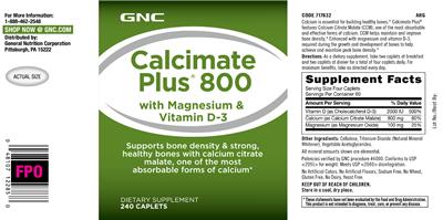 Photo of the GNC Calcimate Plus 800 with Magnesium & Vitamin D-3 label
