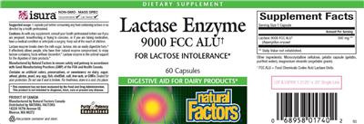 Photo of the Natural Factors Lactase Enzyme 9000 FCC ALU label