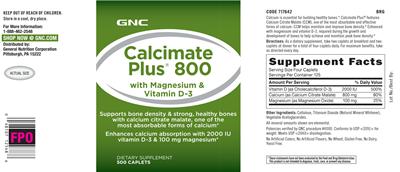 Photo of the GNC Calcimate Plus 800 with Magnesium & Vitamin D-3 label