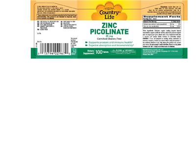 Photo of the Country Life Zinc Picolinate 25 mg label
