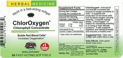 Photo of the Herbs, Etc. ChlorOxygen Chlorophyll Concentrate Softgels label