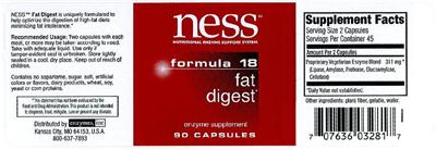 Photo of the NESS Nutritional Enzyme Support System Formula 18 Fat Digest label