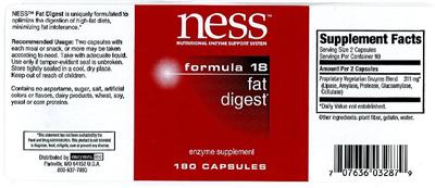 Photo of the NESS Nutritional Enzyme Support System Formula 18 Fat Digest label