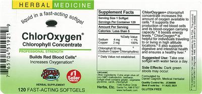 Photo of the Herbs, Etc. ChlorOxygen Chlorophyll Concentrate Softgels label