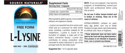 Photo of the Source Naturals L-Lysine 500 mg label