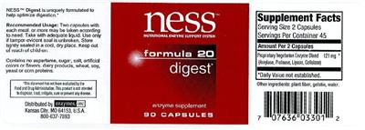 Photo of the NESS Nutritional Enzyme Support System Formula 20 Digest label