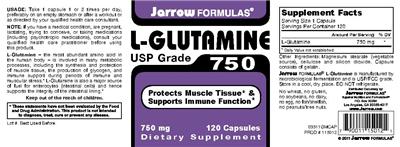Photo of the Jarrow Formulas L-Glutamine 750 mg label