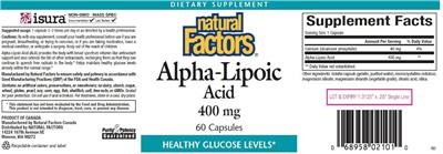 Photo of the Natural Factors Alpha-Lipoic Acid 400 mg label