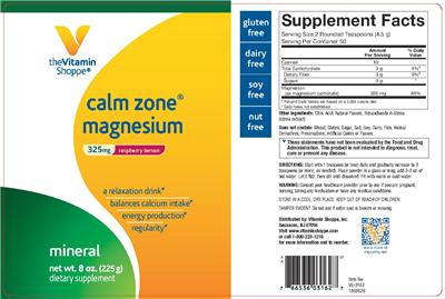 Photo of the The Vitamin Shoppe Calm Zone Magnesium 325 mg Raspberry Lemon label