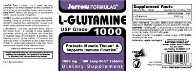 Photo of the Jarrow Formulas L-Glutamine 1000 mg label