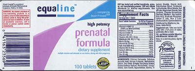 Photo of the Equaline High Potency Prenatal Formula label