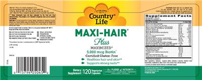 Photo of the Country Life Maxi-Hair Plus 5,000 mcg Biotin label