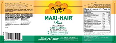 Photo of the Country Life Maxi-Hair Plus 5,000 mcg Biotin label