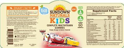 Photo of the Sundown Naturals Kids Complete Multivitamin Disney Pixar Cars Gummies label