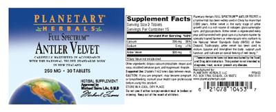 Photo of the Planetary Herbals Full Spectrum Antler Velvet 250 mg label