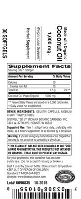 Photo of the Indiana Botanic Gardens Coconut Oil 1,000 mg label