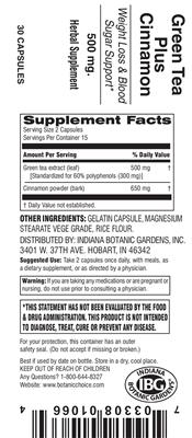 Photo of the Indiana Botanic Gardens Green Tea Plus Cinnamon 500 mg label