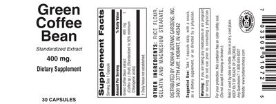 Photo of the Indiana Botanic Gardens Green Coffee Bean 400 mg label