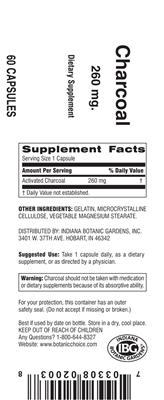 Photo of the Indiana Botanic Gardens Charcoal 260 mg label