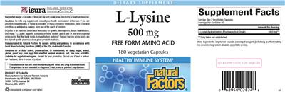 Photo of the Natural Factors L-Lysine 500 mg label