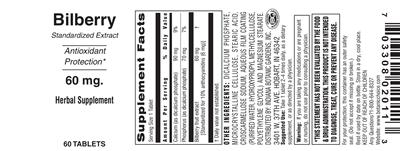Photo of the Indiana Botanic Gardens Bilberry 60 mg label