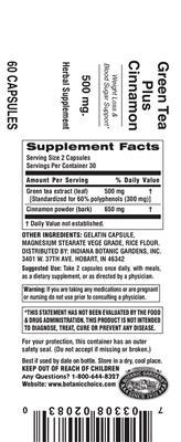 Photo of the Indiana Botanic Gardens Green Tea Plus Cinnamon 500 mg label