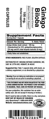 Photo of the Indiana Botanic Gardens Ginkgo Biloba 100 mg label